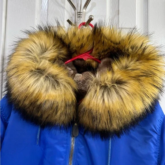 Blue Bomber Jacket with Faux Fur Trim